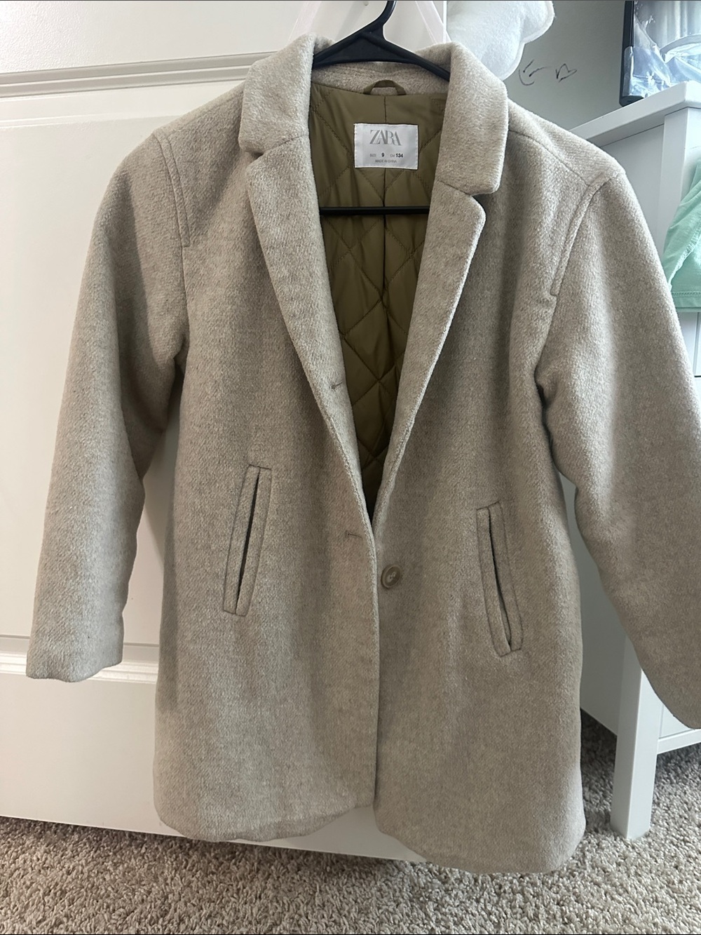 ZARA Beige Wool-Blend Single-Button Coat with Olive Lining